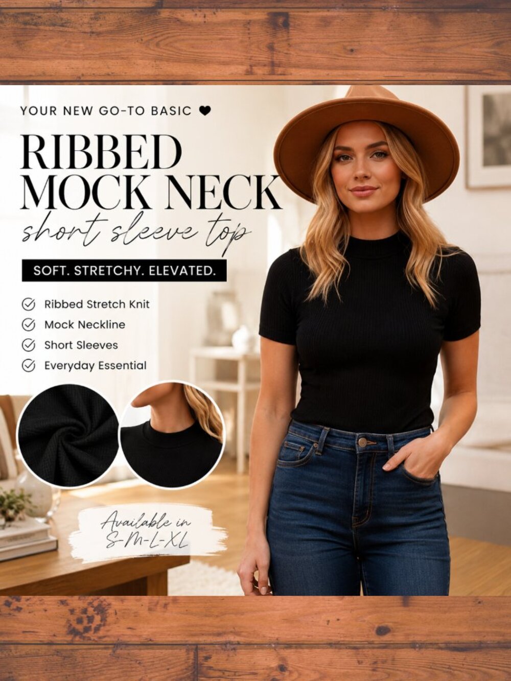 Timing Black Ribbed Mock Neck Tee | Stretch‎ Short Sleeve Basic Top